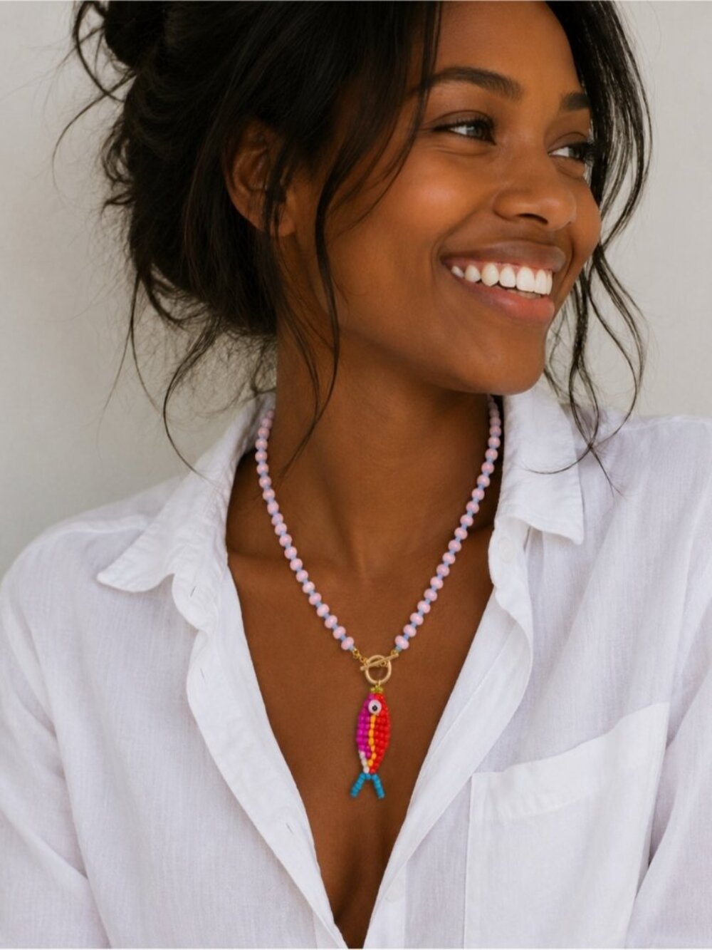 New! Coastal Preppy Colorful Pink Beaded Fish Necklace NWOT 2016